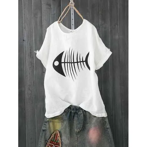 Cartoon Fish Bone Print T-shirt