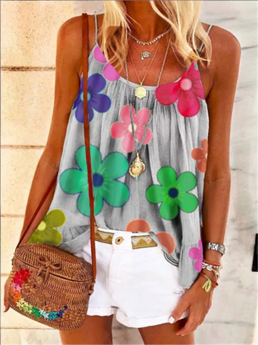 Casual Floral Print Sexy Sling Top Loose Tank & Camisole