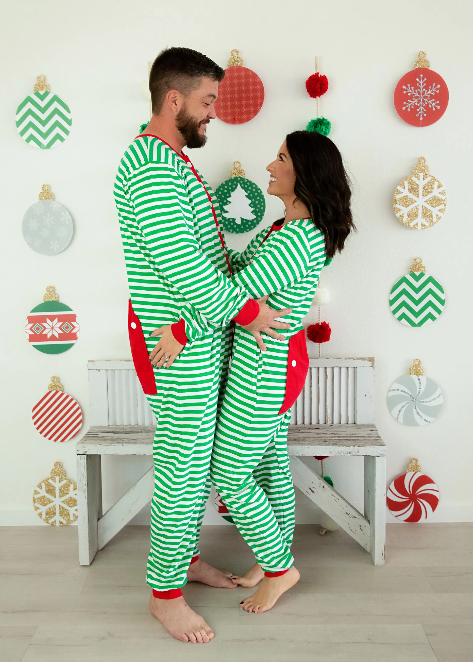 Christmas One Piece Jammies Pajama Flap Green Stripe Print Kids and Adults