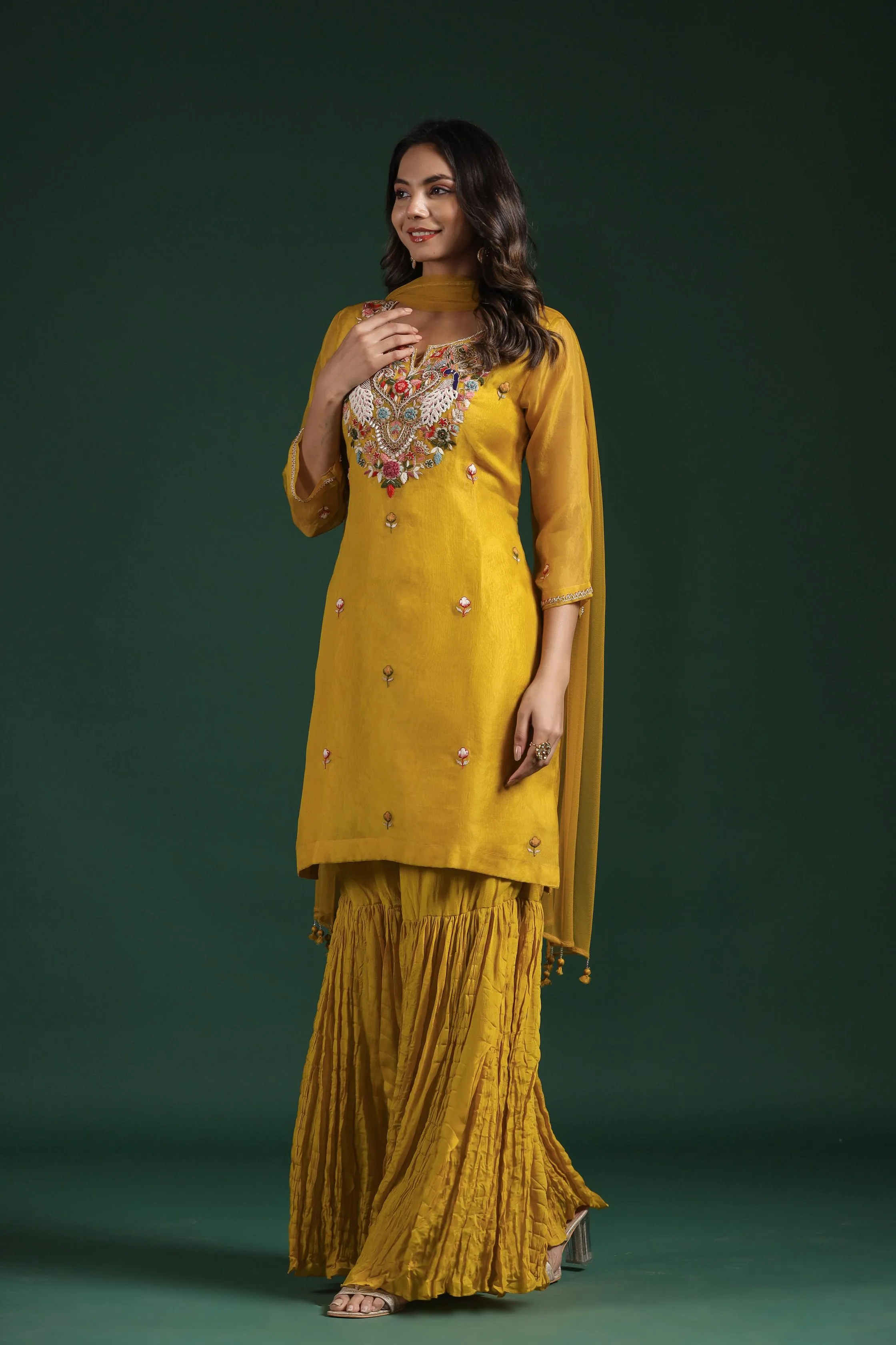 Classic Yellow Embellished Premium Organza Silk Sharara Set