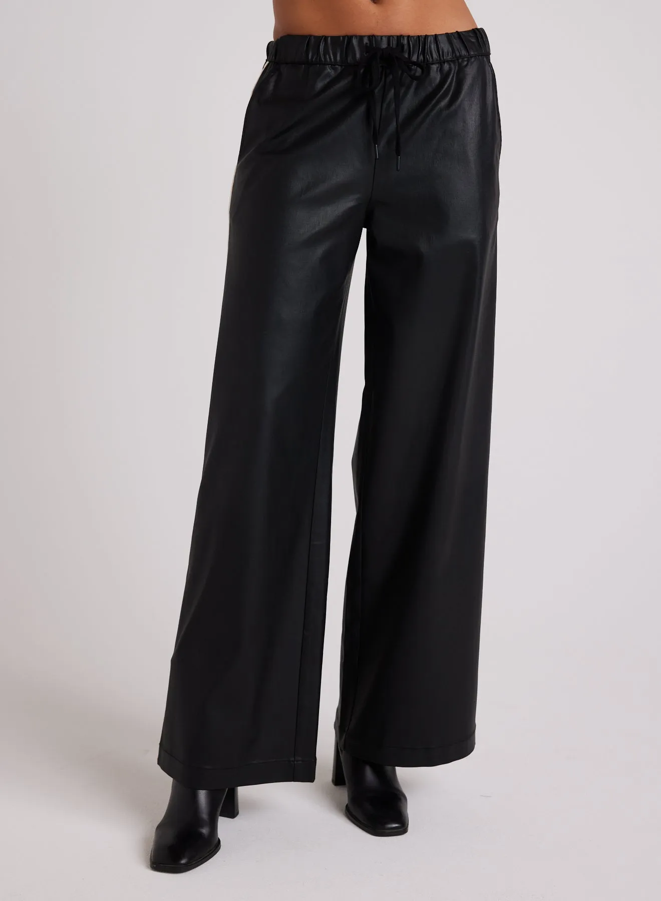 Coated Faux Leather  Wide Leg  Pant - Black