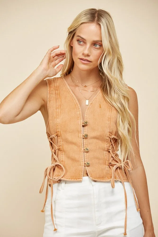 Colored Denim Vest with Lace Up Sides at Bourbon Cowgirl