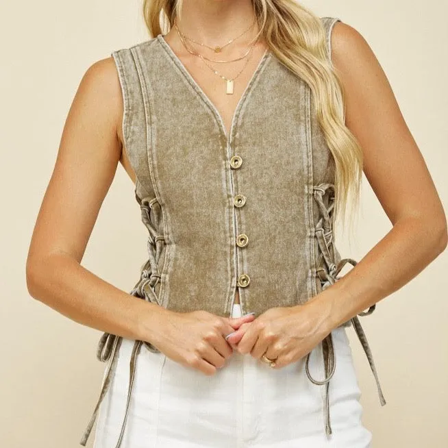 Colored Denim Vest with Lace Up Sides at Bourbon Cowgirl