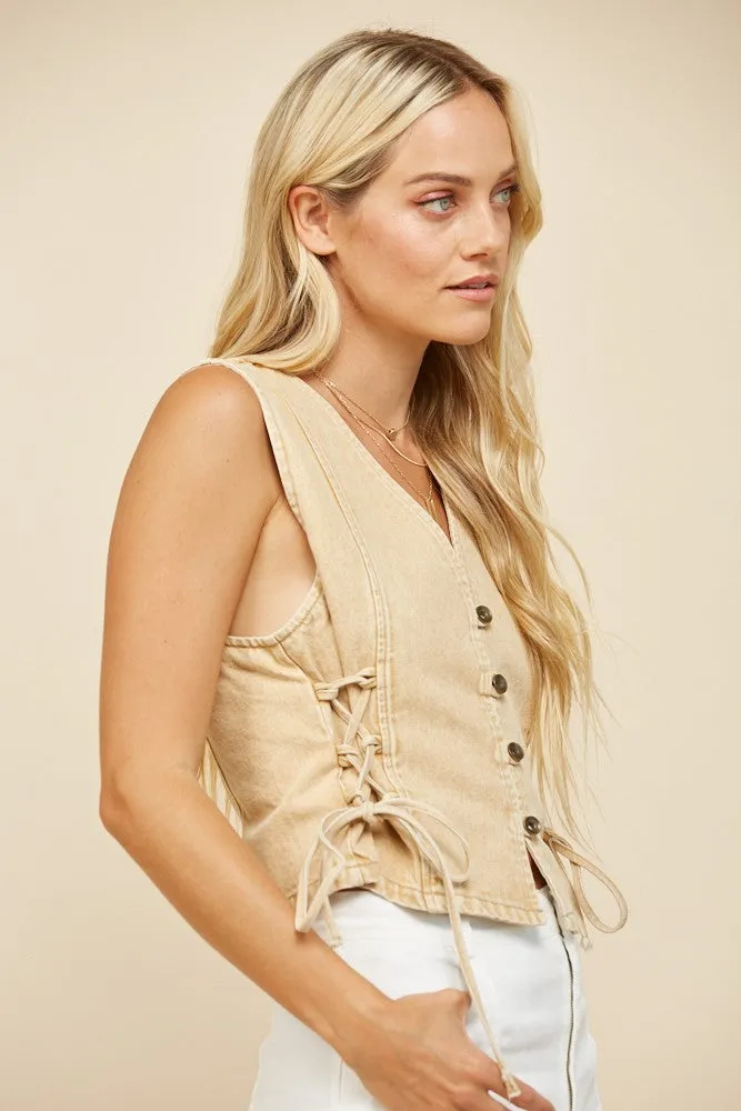 Colored Denim Vest with Lace Up Sides at Bourbon Cowgirl