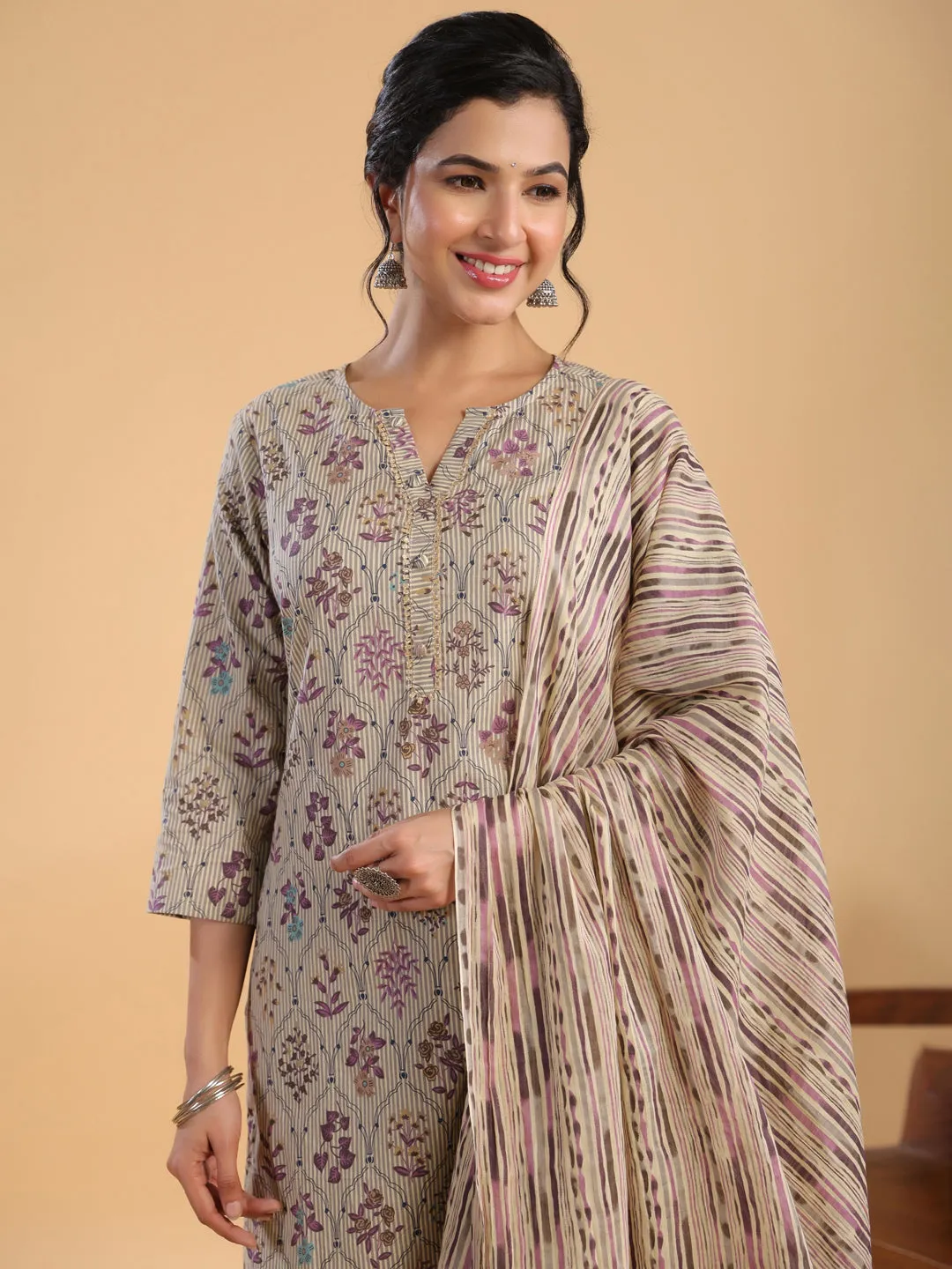 Cream Cotton Floral Regular Kurta Set