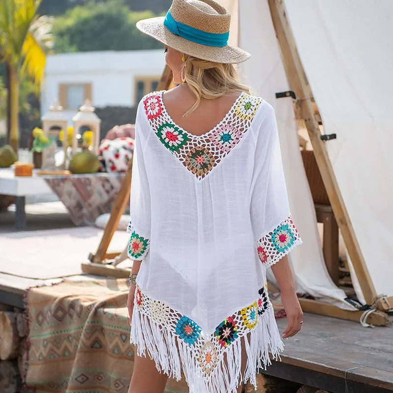 Crochet Knit Rhombus Tassel Beach Cover Up Dress Fringe Tunic Kimono Beachwear