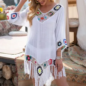 Crochet Knit Rhombus Tassel Beach Cover Up Dress Fringe Tunic Kimono Beachwear