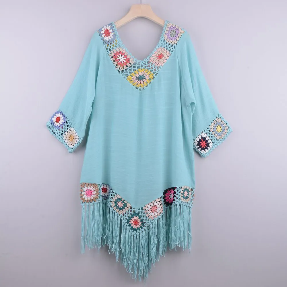 Crochet Knit Rhombus Tassel Beach Cover Up Dress Fringe Tunic Kimono Beachwear