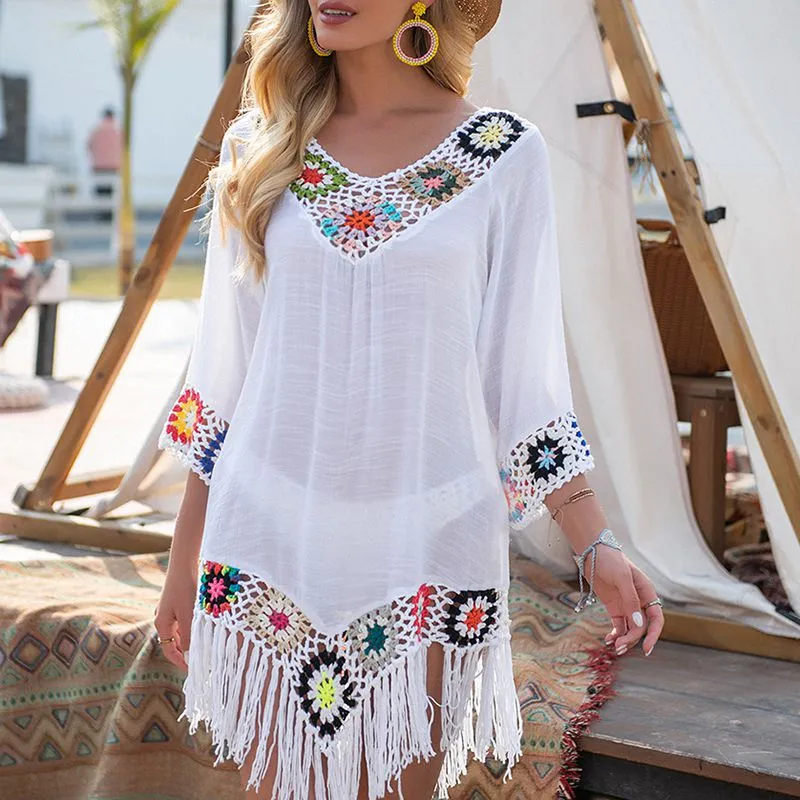 Crochet Knit Rhombus Tassel Beach Cover Up Dress Fringe Tunic Kimono Beachwear