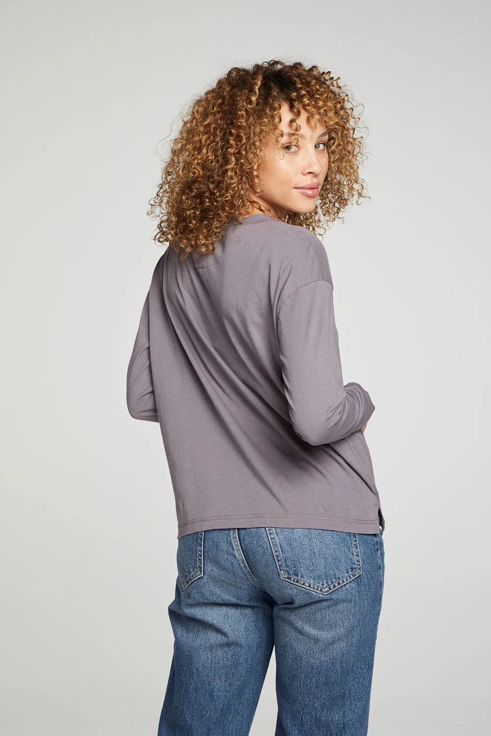 Cropped Boxy Long Sleeve Henley With Side Slits