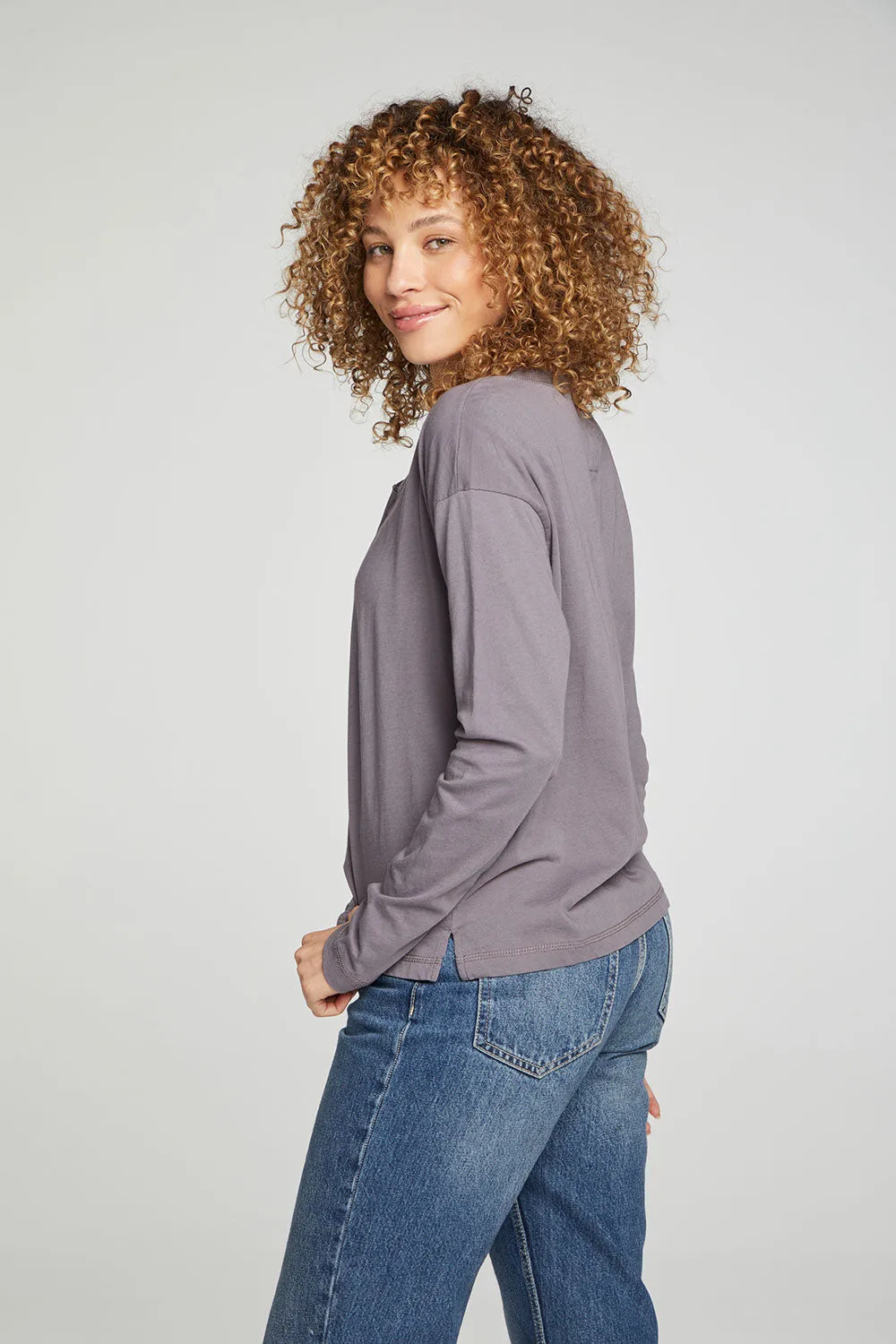 Cropped Boxy Long Sleeve Henley With Side Slits