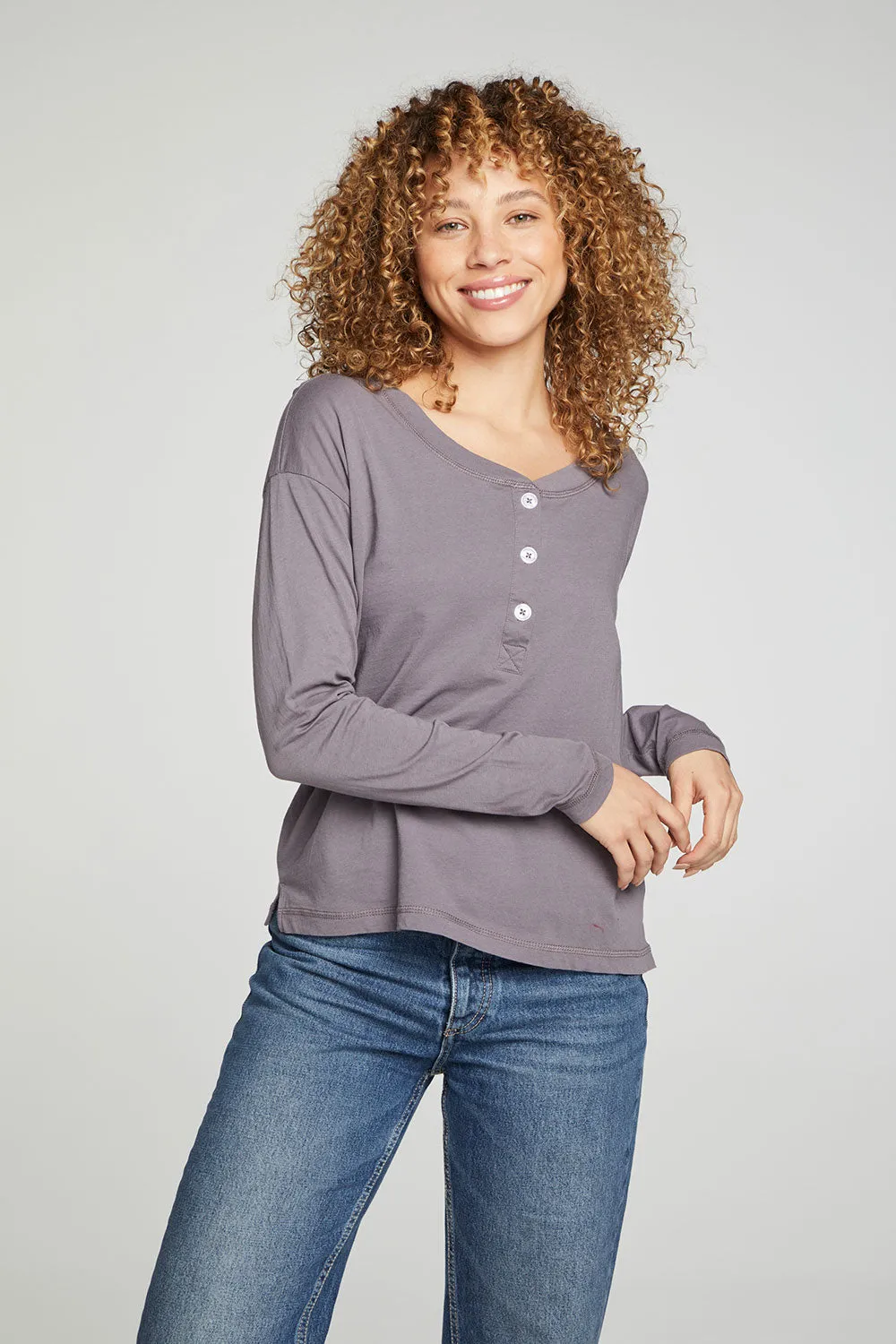 Cropped Boxy Long Sleeve Henley With Side Slits