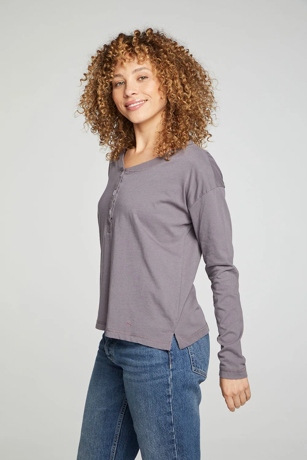 Cropped Boxy Long Sleeve Henley With Side Slits