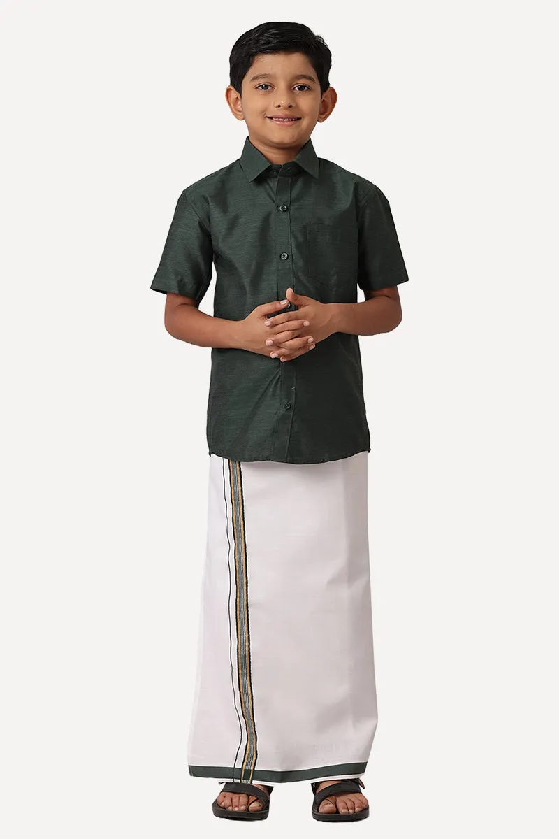 Divine - Dark Green Matching Fixit Dhoti and Shirt 2 in 1 Set For Kids | Uathayam