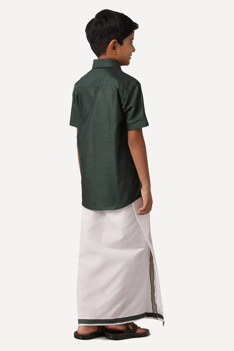 Divine - Dark Green Matching Fixit Dhoti and Shirt 2 in 1 Set For Kids | Uathayam