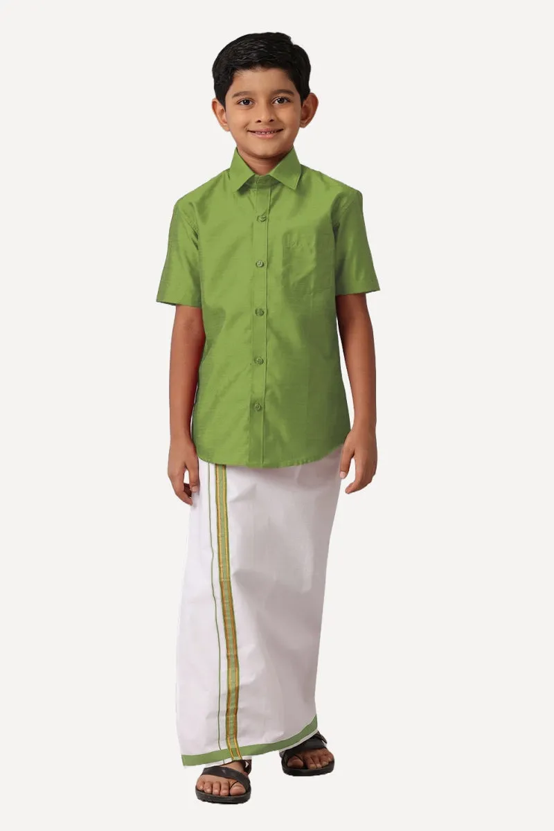 Divine - Leaf Green Matching Fixit Dhoti and Shirt 2 in 1 Set For Kids | Uathayam