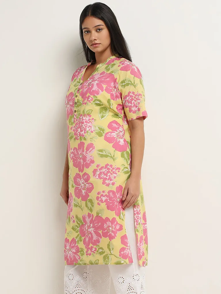 Diza Yellow Floral Printed Straight Cotton Kurta