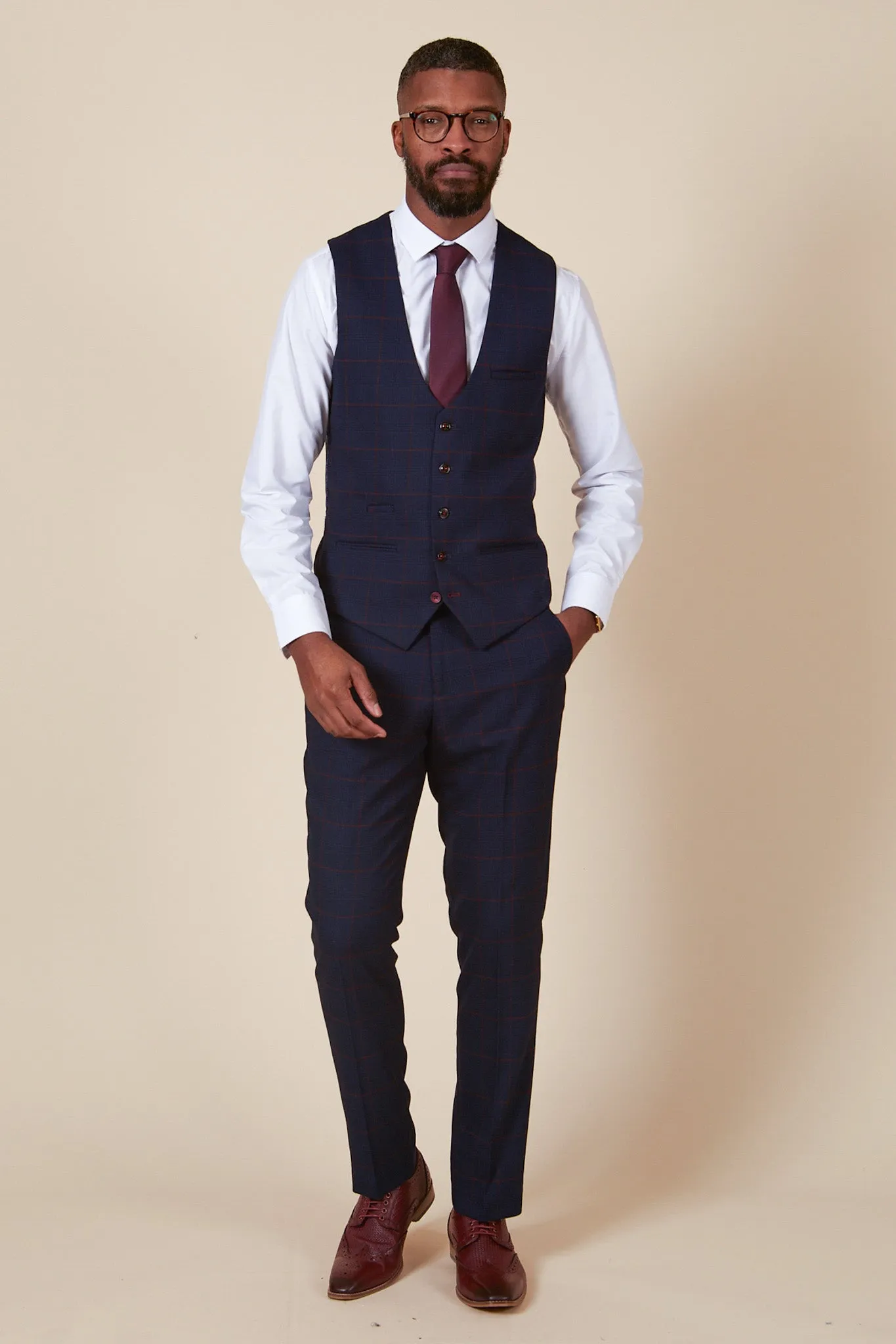 EDINSON - Navy Wine Check Three Piece Suit