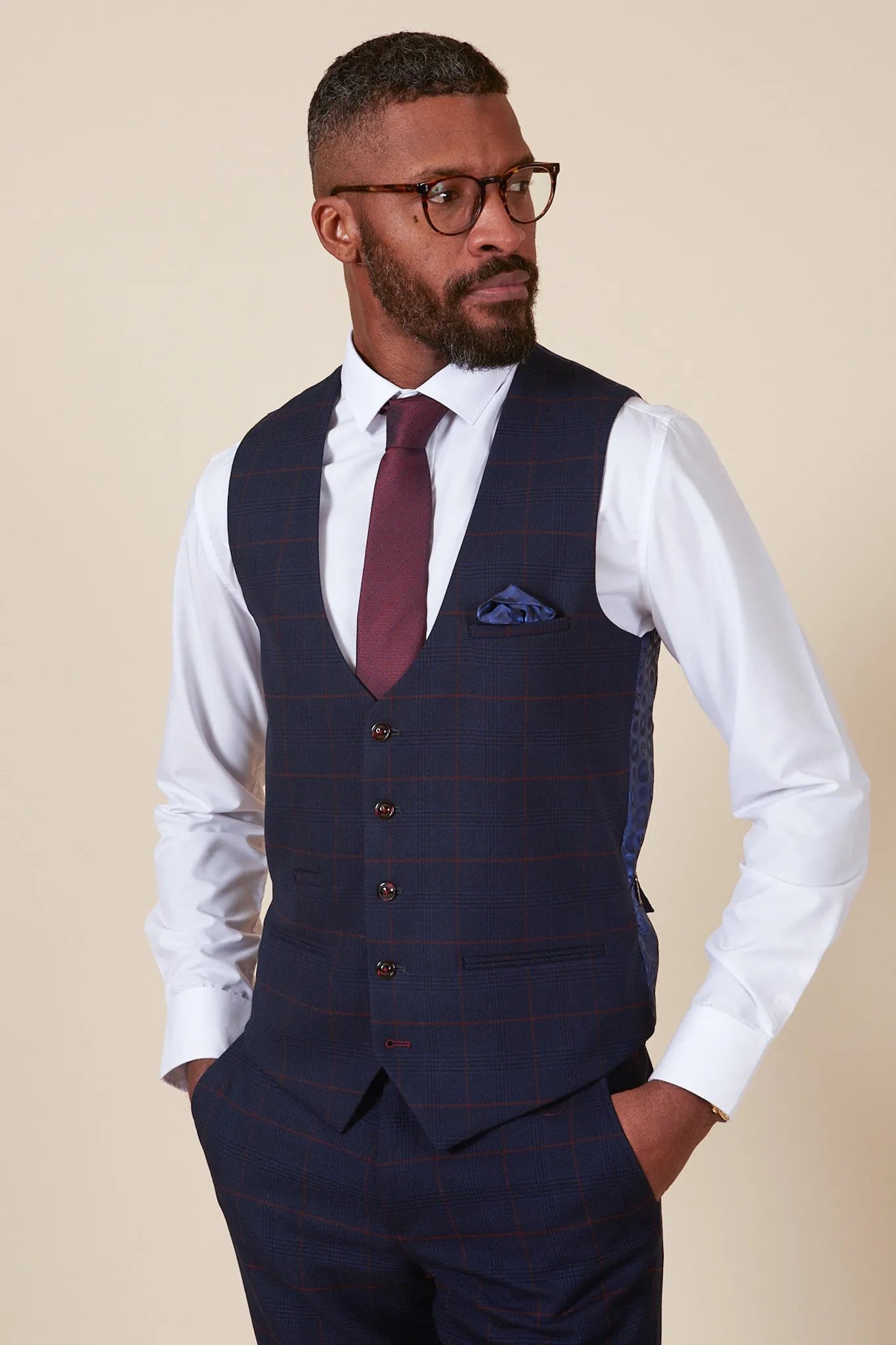 EDINSON - Navy Wine Check Three Piece Suit