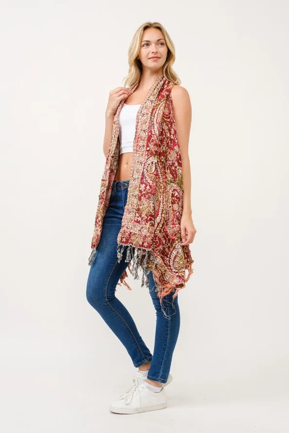 Embroidered Long Vest ~ Cinnamon & Cream