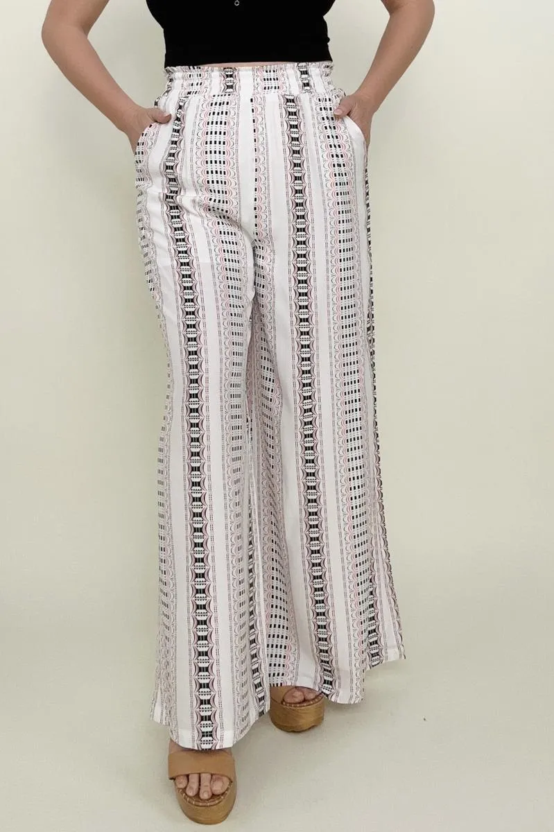 Geo Stripe Smocked Waist Wide Leg Pants