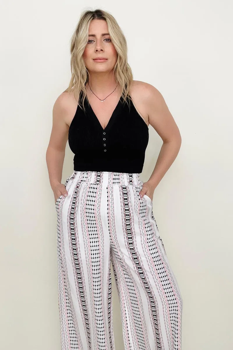 Geo Stripe Smocked Waist Wide Leg Pants