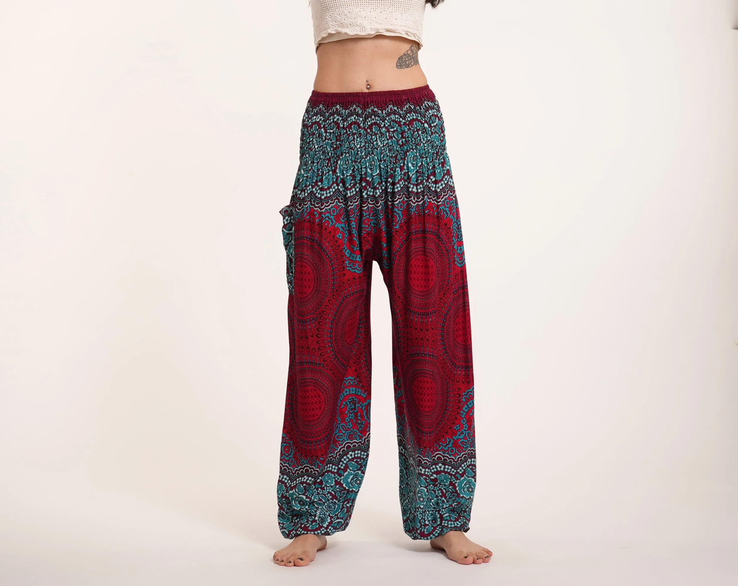 Geometric Mandalas Unisex Harem Pants in Red