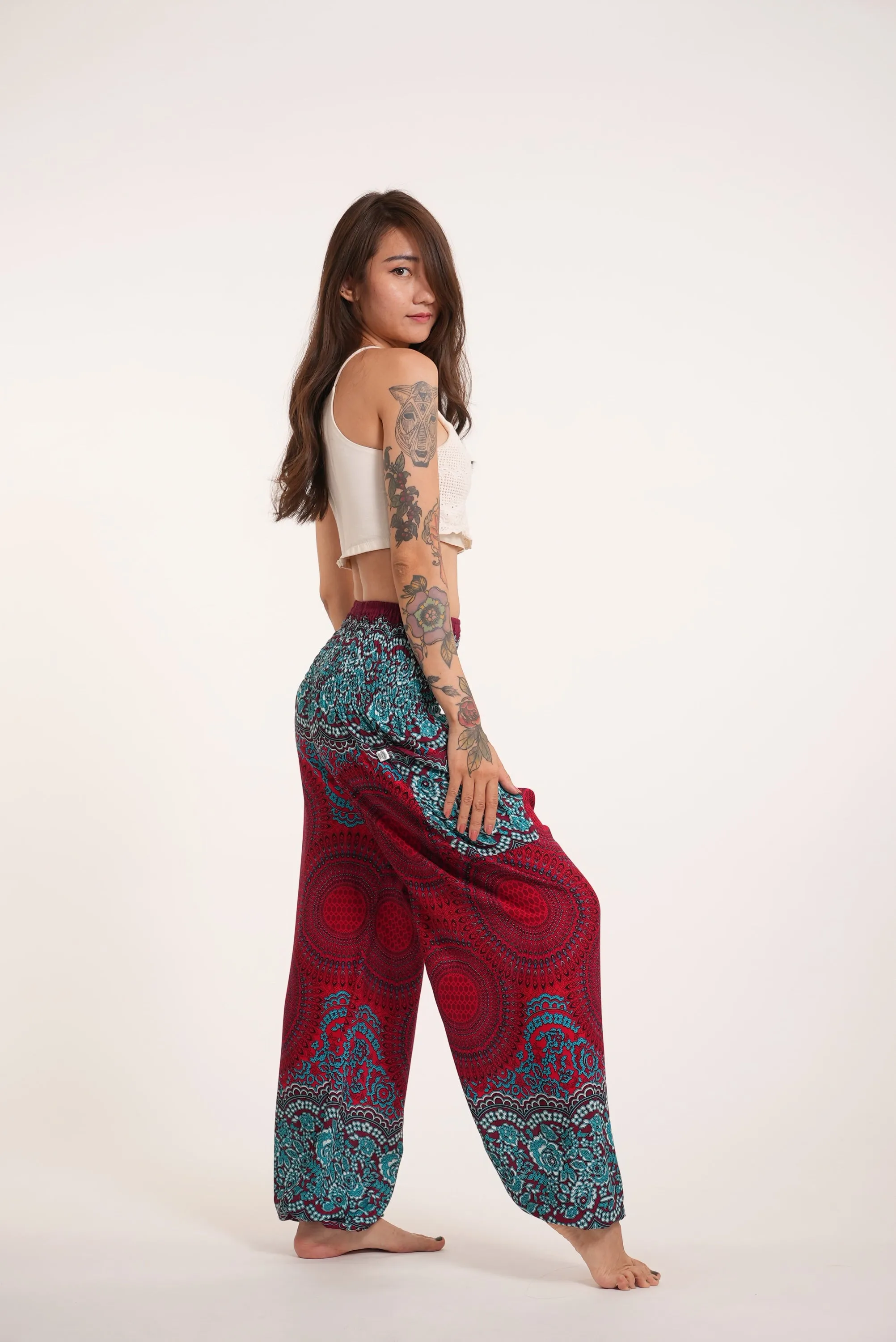 Geometric Mandalas Unisex Harem Pants in Red