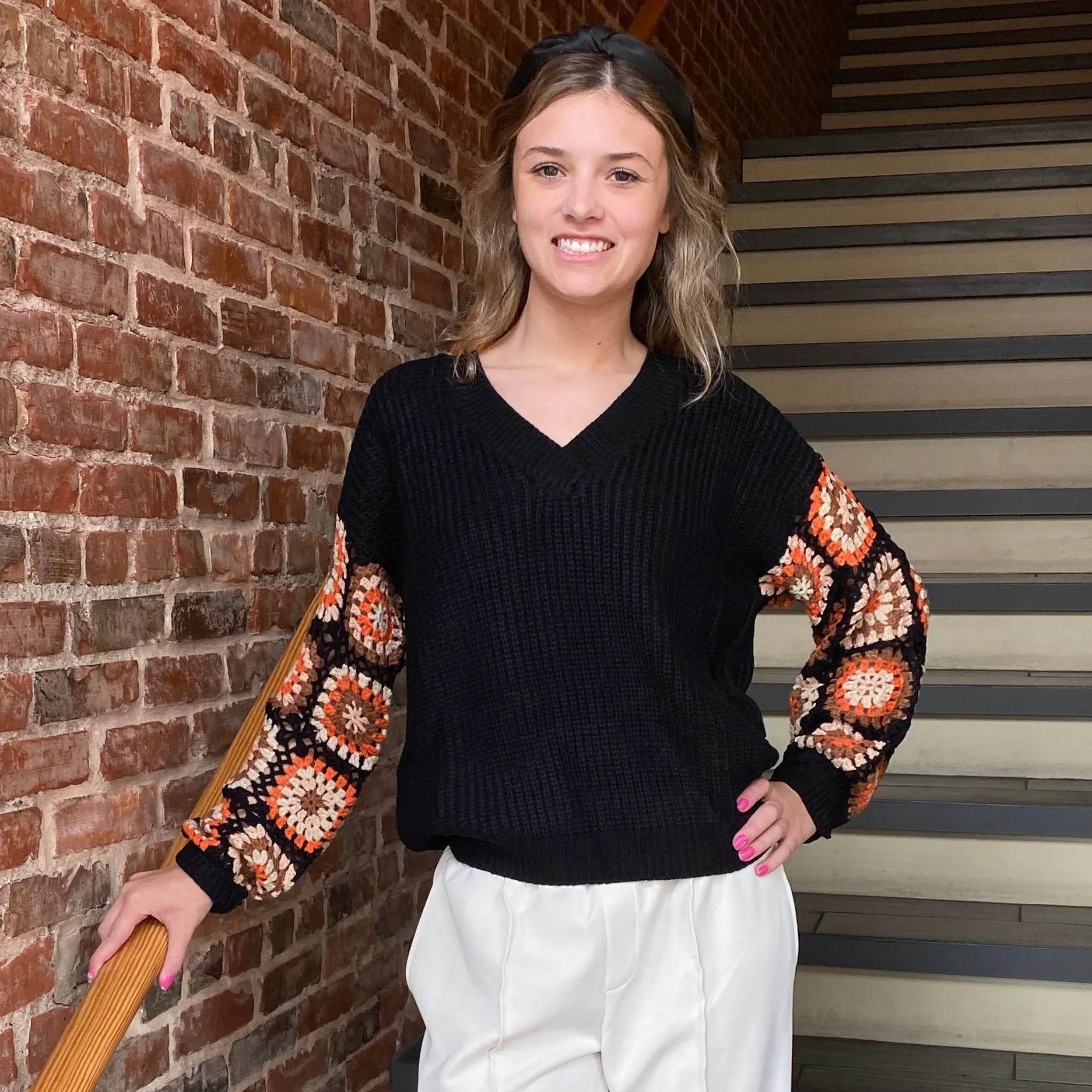 GRANNY SQUARE SLEEVES V-NECK SWEATER