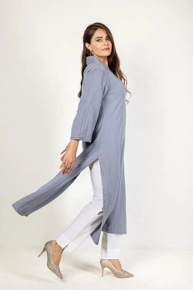 Grey-Colored 3/4 Sleeves Cotton Kurta