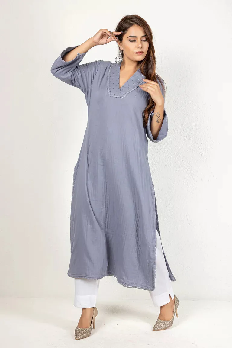 Grey-Colored 3/4 Sleeves Cotton Kurta