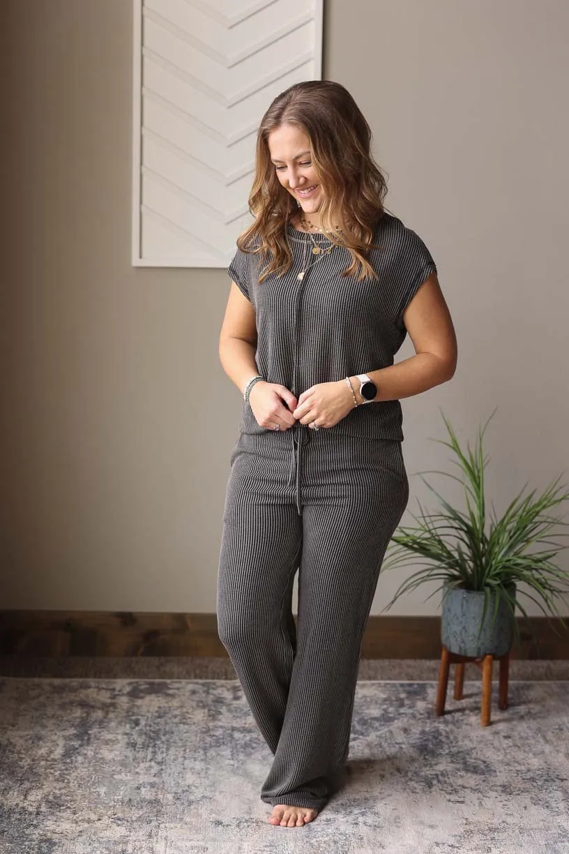 Grey Ribbed Top And Pants Set