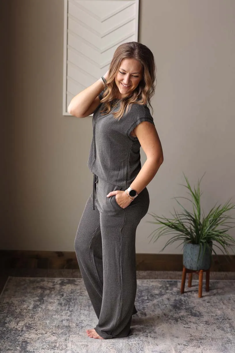 Grey Ribbed Top And Pants Set