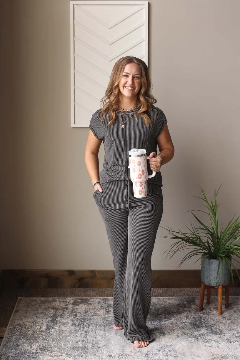 Grey Ribbed Top And Pants Set