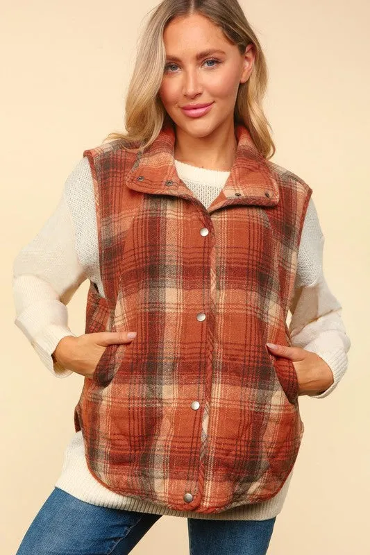 JAMIE HIGH NECK SNAP BUTTON PLAID PUFFER VEST