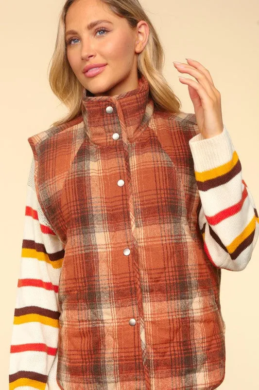 JAMIE HIGH NECK SNAP BUTTON PLAID PUFFER VEST