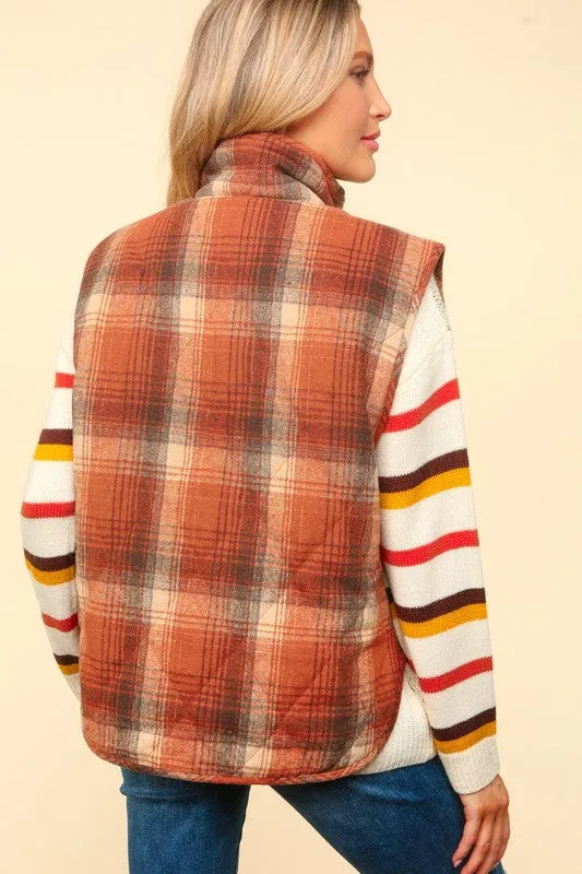 JAMIE HIGH NECK SNAP BUTTON PLAID PUFFER VEST