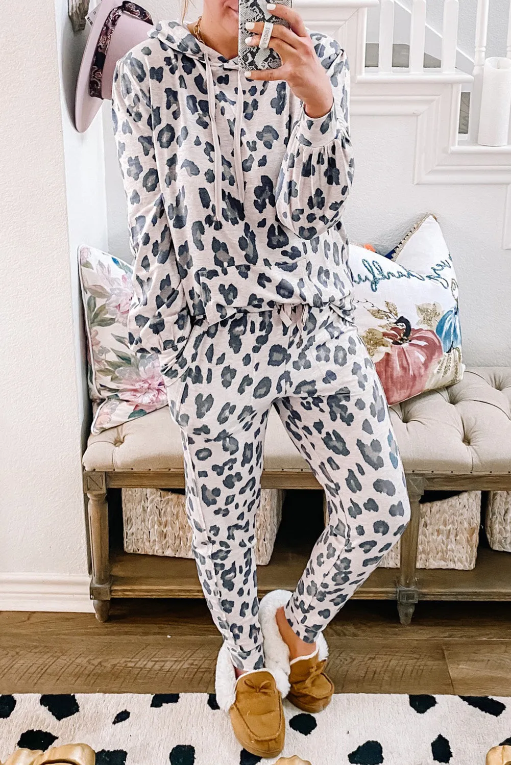 Khaki Leopard Print Drawstring Hoodie and Skinny Pants Pajama Set