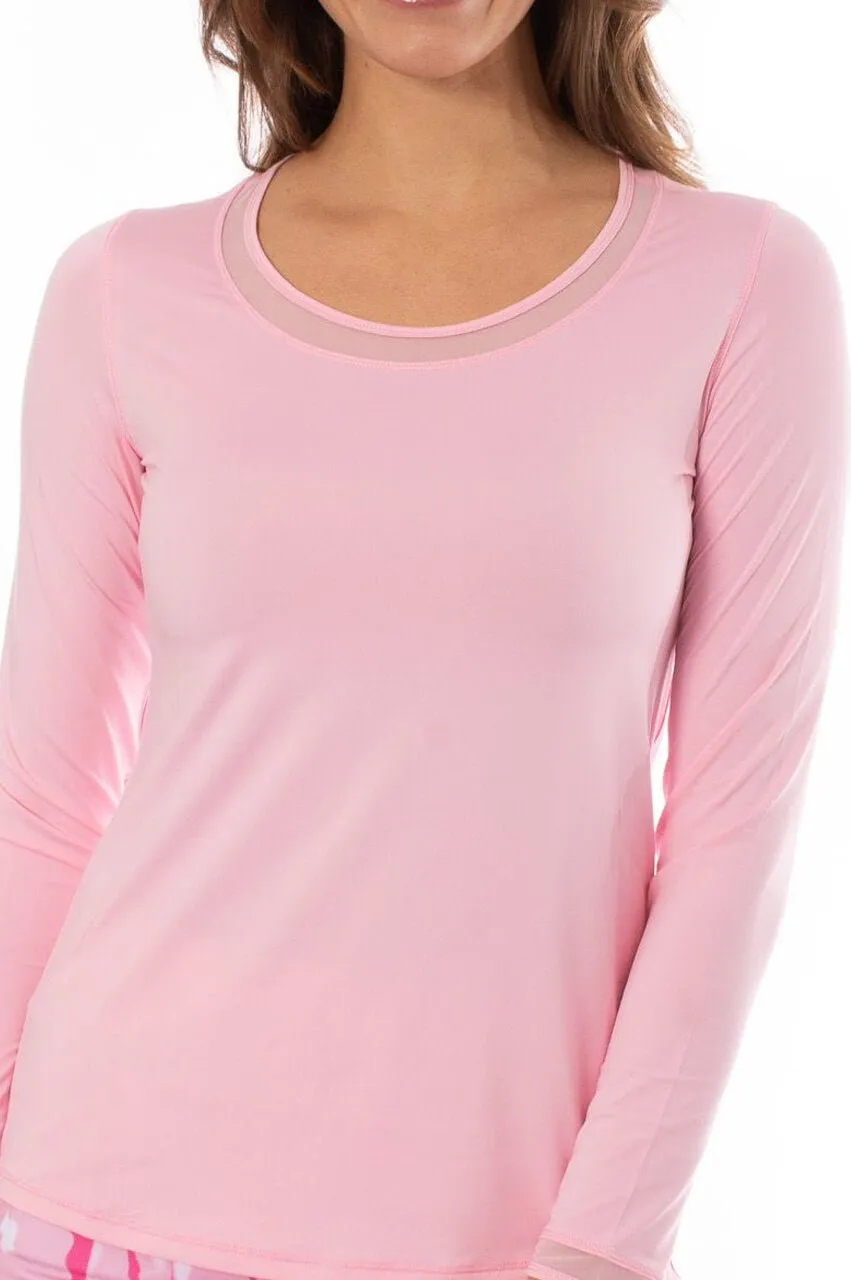 Light Pink Long Sleeve Mesh Trim Top