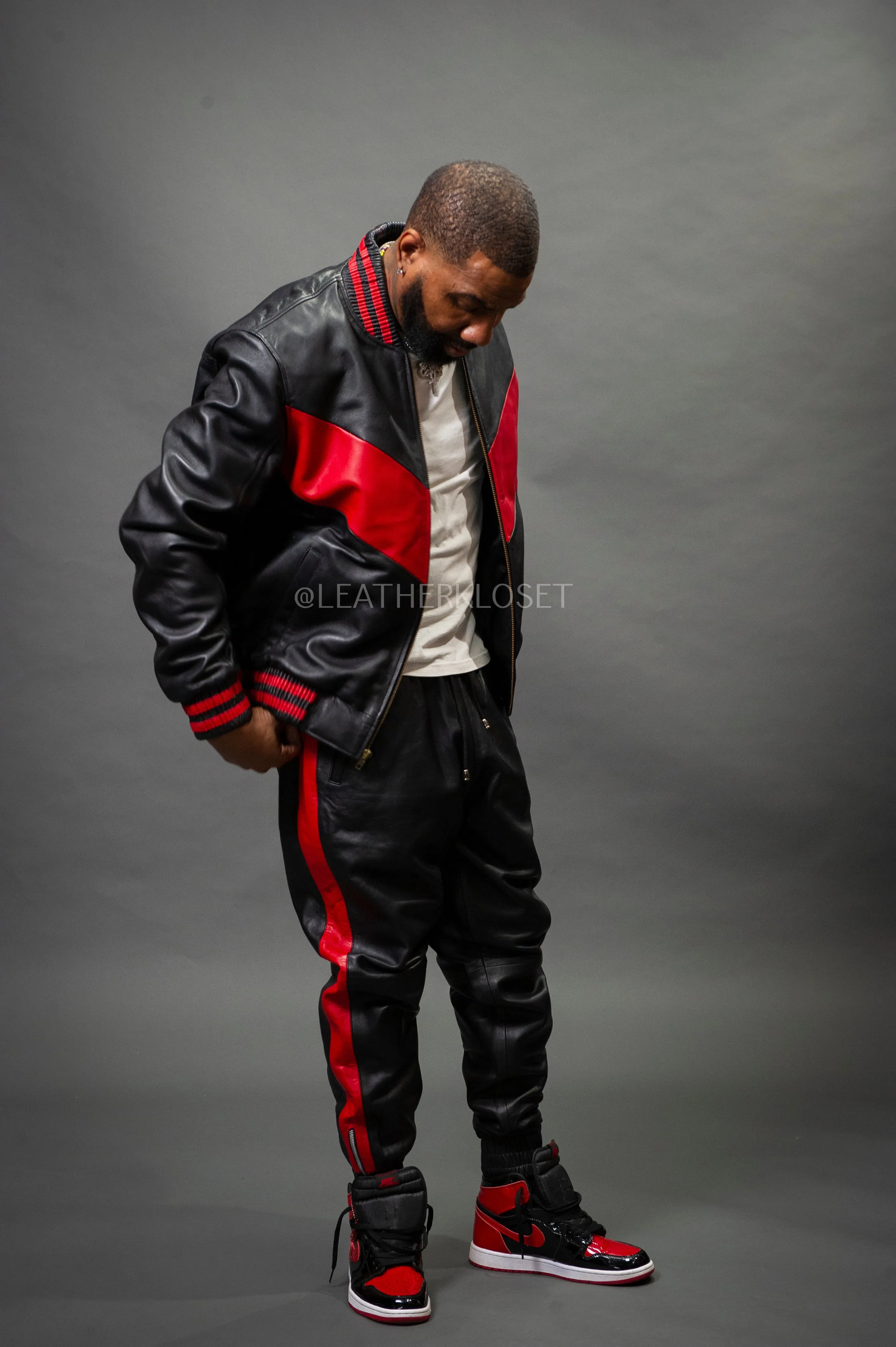 Men's V-Baseball Leather Track Suit Sweatsuit [Black/Red]