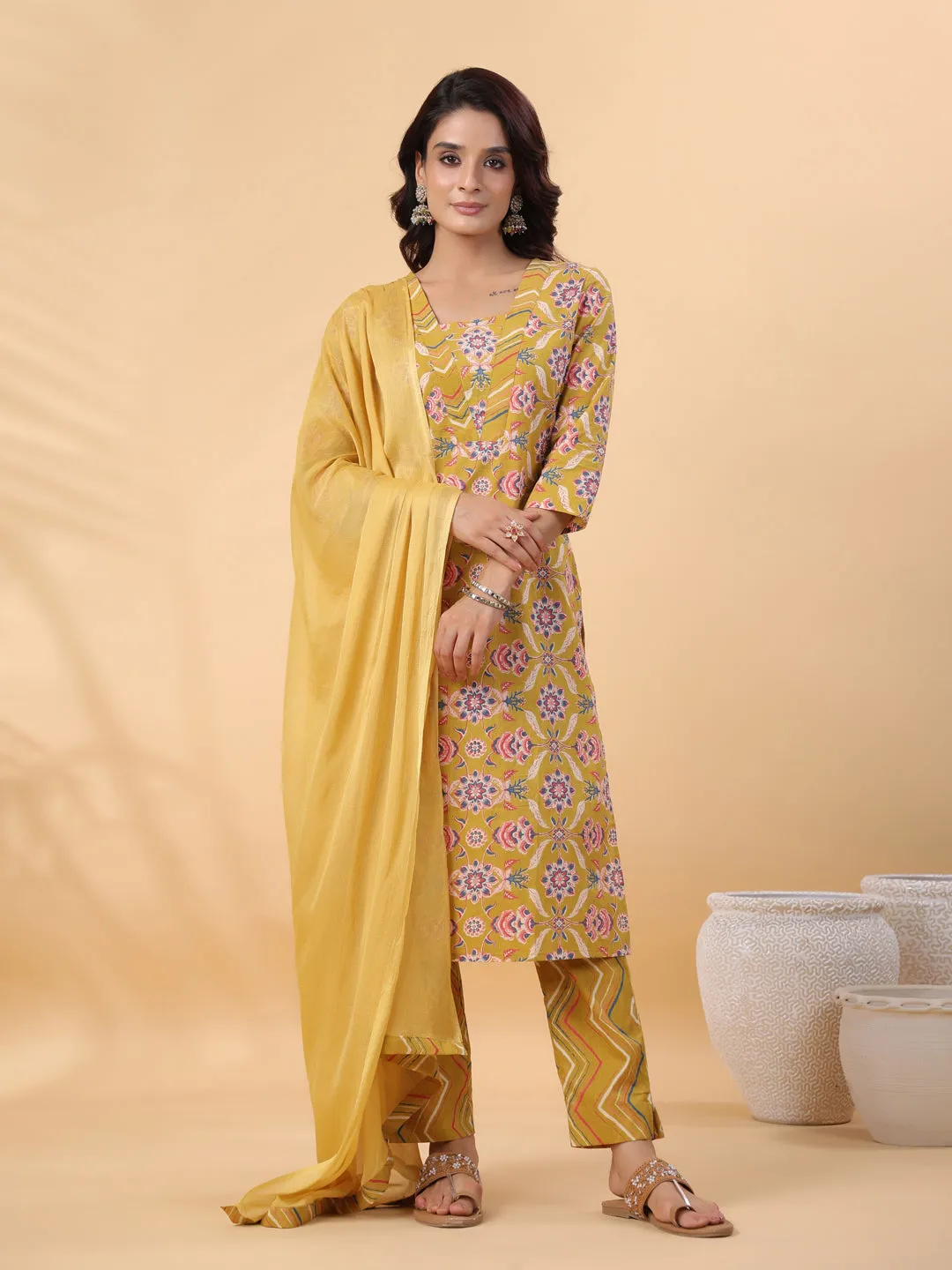 Mustard Cotton Floral Straight Kurta Pant Set