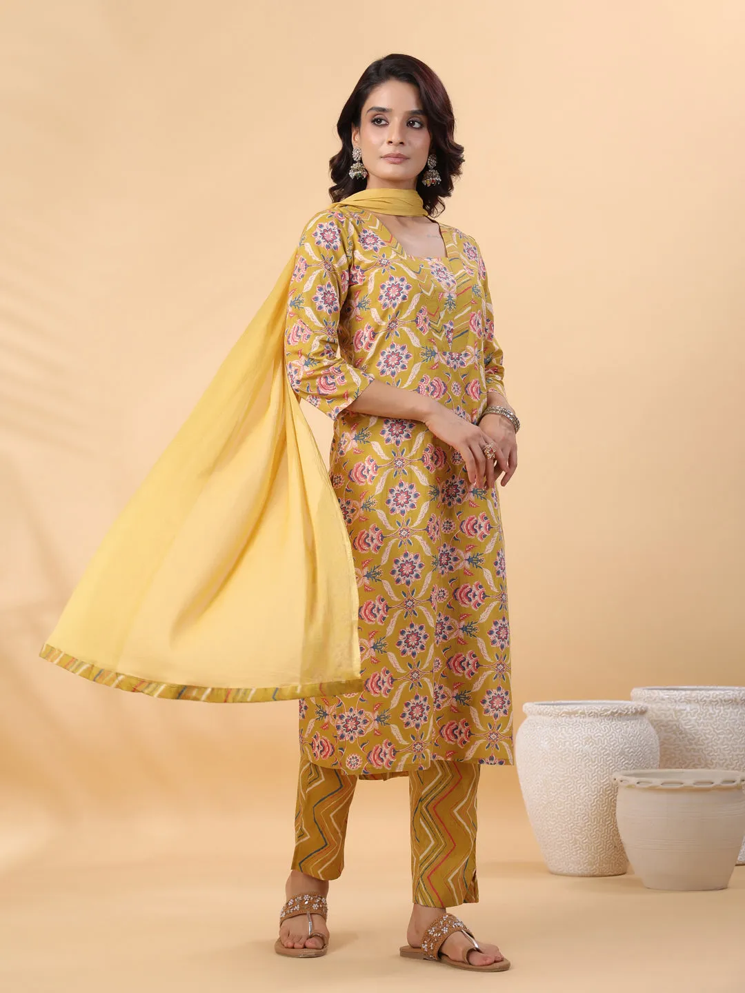 Mustard Cotton Floral Straight Kurta Pant Set