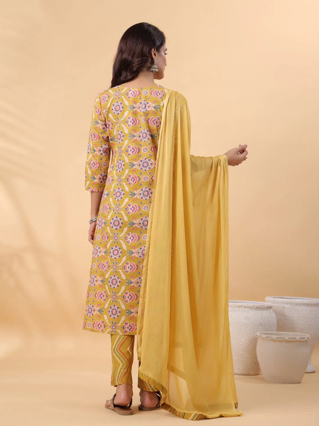 Mustard Cotton Floral Straight Kurta Pant Set