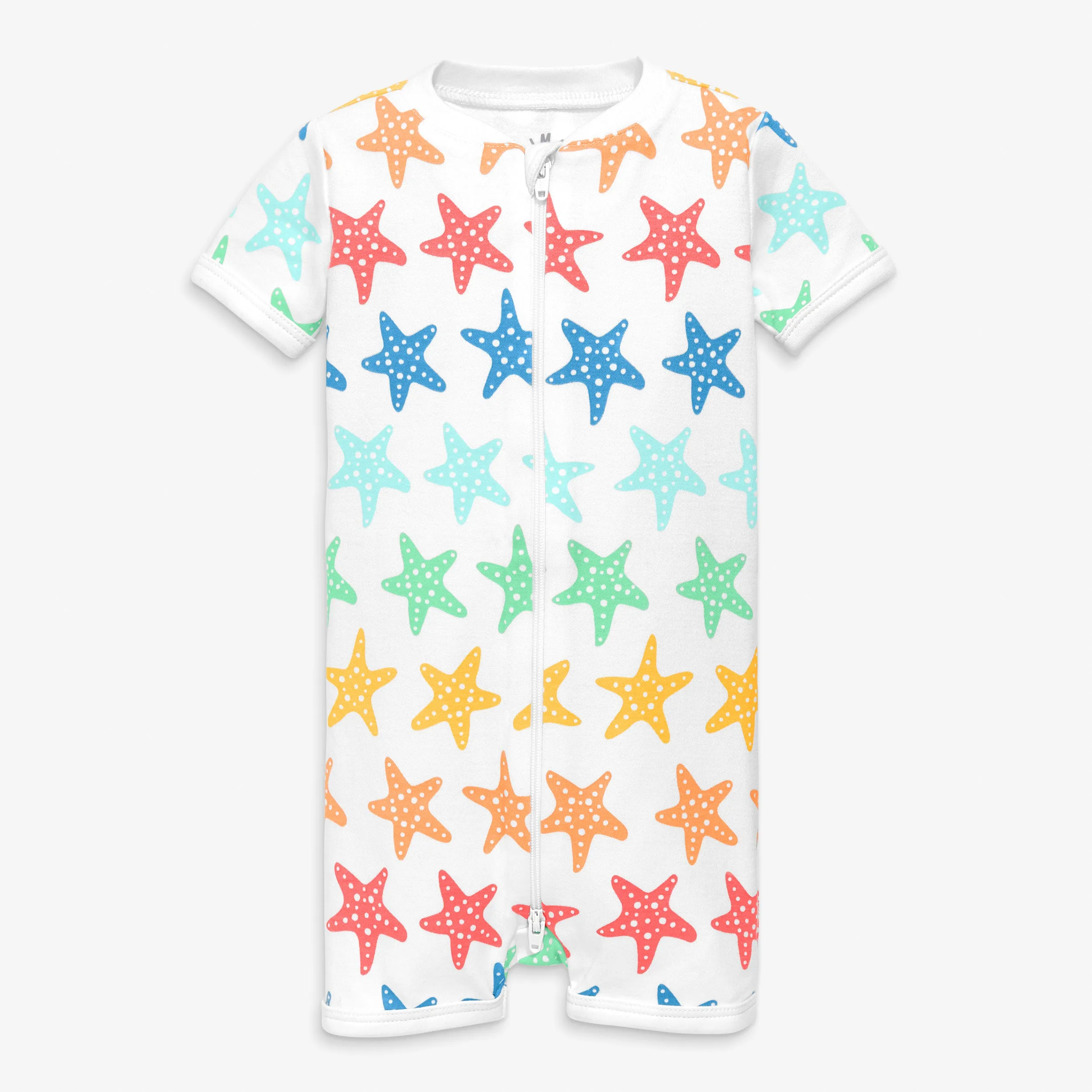 Organic short sleeve zip romper in rainbow starfish