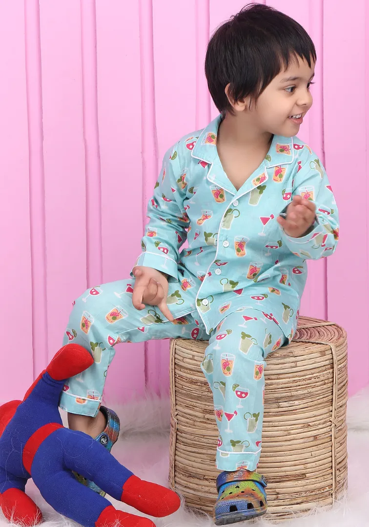 Polka Tots Full sleeves Juice print Night Suit - Blue