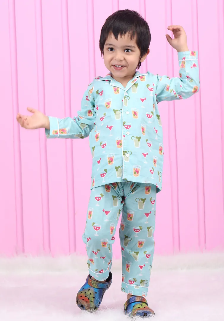 Polka Tots Full sleeves Juice print Night Suit - Blue