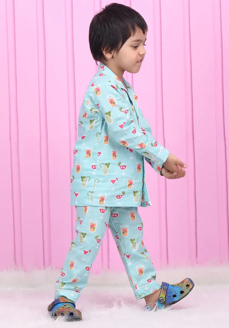 Polka Tots Full sleeves Juice print Night Suit - Blue