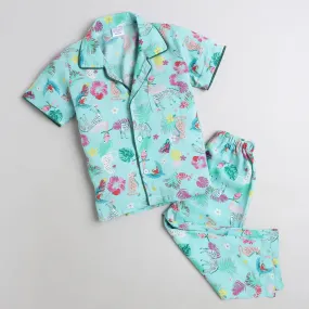 Polka Tots Half Sleeve Night Suit Pair Cotton Brid Animals - Green