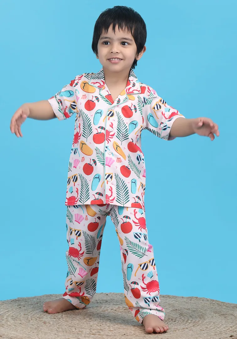 Polka tots Half Sleeves Beach print Night Suit - Multicolor