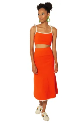 Red Flame Peachskin Flared Midi Skirt